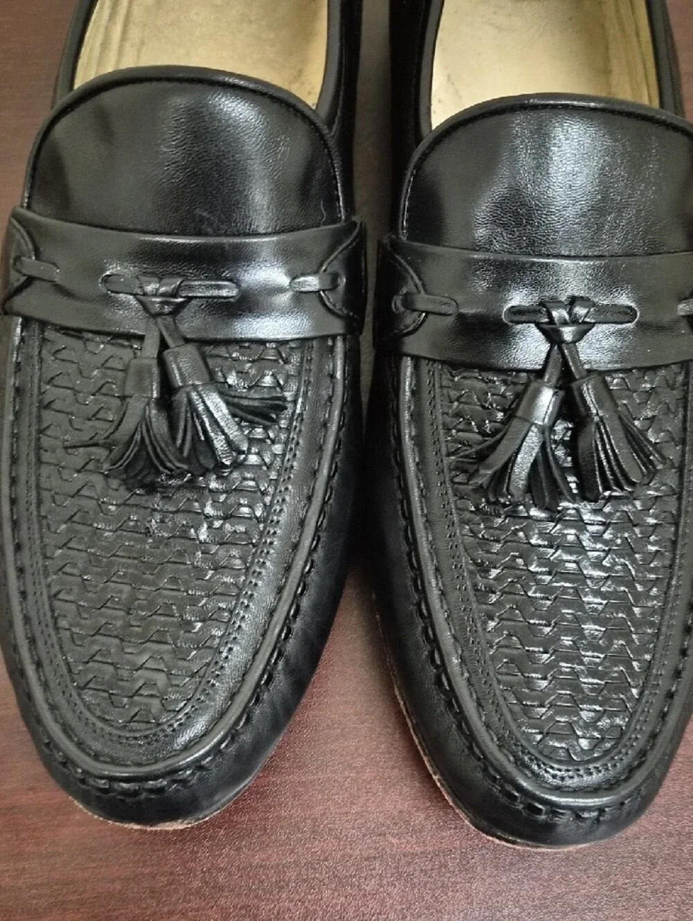 Men's Black Tassel Woven Leather Slip-On Loafers | Size 11.5
